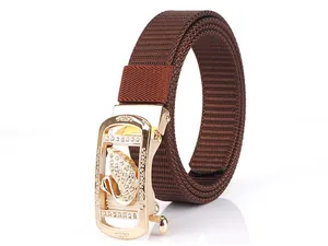 Detail of golden swan buckle with white crystals on a brown nylon woven waist belt