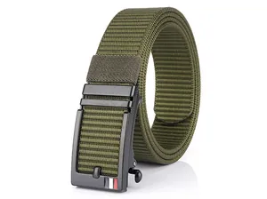 Close-up of olive green nylon belt with matte black automatic buckle and detail
