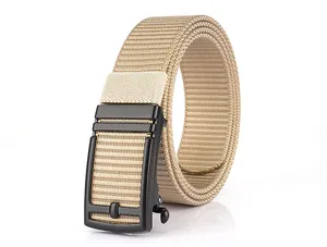 Close-up of khaki nylon web belt with black automatic metal buckle in tactical style