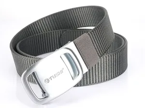 Close-up of matte silver automatic buckle with TUSHI logo on grey nylon woven belt