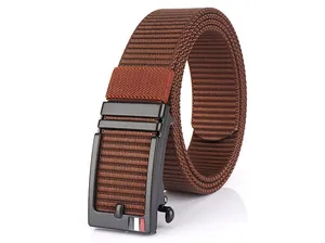 Detail of dark brown nylon belt with matte black automatic buckle and tri-color accent