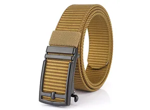 Detail of khaki nylon tactical belt with black automatic metal buckle close-up view