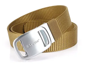 Close-up of khaki nylon tactical belt featuring a brushed silver metal automatic buckle