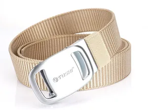 Close-up of khaki thickened nylon belt with a matte silver automatic buckle and logo
