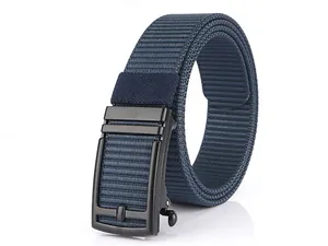 Close-up of navy blue nylon belt with black automatic buckle and woven texture detail