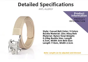 Detail view of khaki nylon belt with rhinestone alloy buckle and anti-allergy features