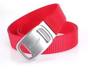 Detail of red heavy-duty nylon belt with brushed silver automatic buckle and TUSHI logo