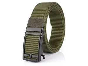 Detail of army green nylon tactical belt with matte black automatic metal buckle