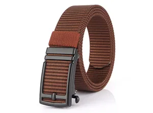 Detail of high-density dark brown woven nylon belt with black metal automatic buckle