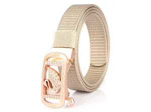 Detail of rose gold automatic buckle with crystal swan on khaki woven canvas belt