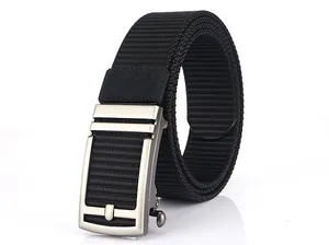 Close-up of black heavy-duty nylon web belt with matte silver automatic metal buckle