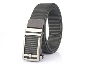 Detail of grey nylon tactical belt with zinc alloy automatic buckle and matte finish