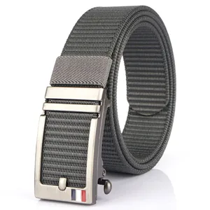 Men's 3.5cm nylon woven belt with grey matte automatic metal buckle and tricolor detail