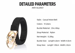 Detail view of black nylon belt with a unique gold zinc alloy buckle and inlaid stone