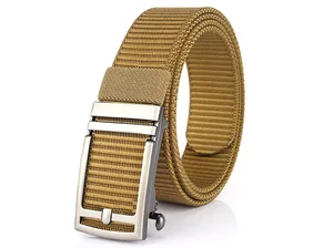 Close-up of durable khaki nylon tactical belt with matte metal automatic buckle