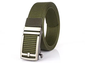 Close-up of olive green nylon tactical belt with matte silver automatic metal buckle