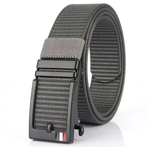 Grey 3.5cm nylon woven belt for men with black automatic metal buckle and sleek design