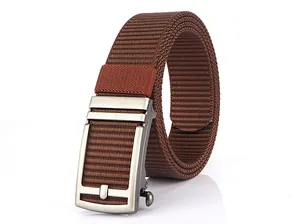 Detail view of brown nylon woven belt with brushed metal automatic buckle on white background