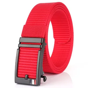Red nylon woven belt for men featuring a black automatic buckle with tricolor stripe detail