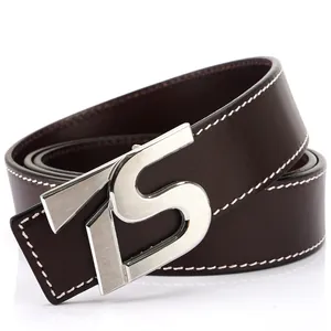 Cintura uomo in pelle marrone scuro con cuciture bianche e fibbia TS argento