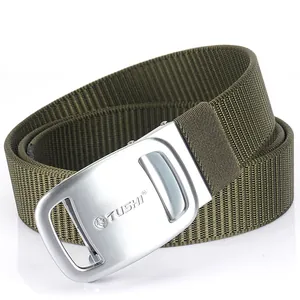 Army green nylon tactical belt with a brushed silver automatic metal buckle and logo