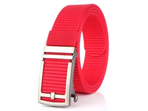 Detailed view of vivid red nylon belt with matte silver automatic metal buckle