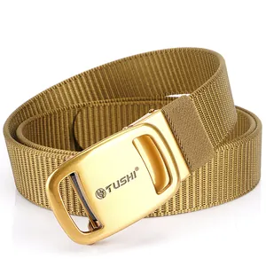 Tactical nylon belt in khaki with a polished golden alloy buckle featuring an engraved lion logo