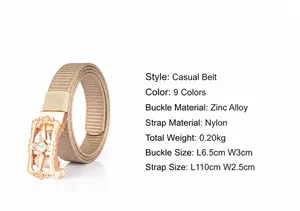 Detail view of khaki nylon belt with golden zinc alloy buckle and size specifications