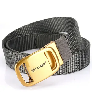 Thickened nylon web belt with brushed gold automatic buckle and laser-engraved lion logo