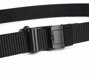 Close-up of matte zinc alloy buckle and adjustable nylon belt with quick-release system