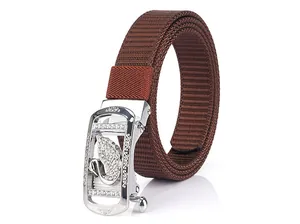 Close-up of brown nylon woven belt with silver automatic buckle and crystal swan detail