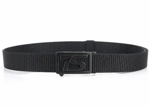 Detail of black nylon woven belt featuring a metal automatic buckle with TS logo engraving