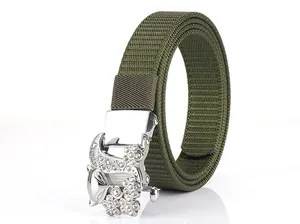 Detail of army green nylon belt with sparkling rhinestone fox buckle and woven texture