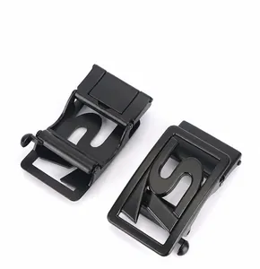 Close-up of black zinc alloy automatic belt buckles with scratch resistant finish
