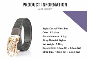 Détail de la ceinture en nylon gris avec boucle dorée décorative et spécifications