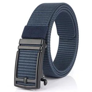 Men's navy blue nylon braided belt with black metal automatic buckle on white background