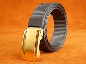 Detail of metal automatic buckle with brushed finish on a nylon woven belt