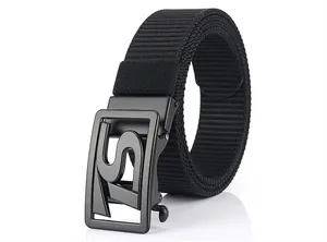 Detailed view of black nylon belt strap with a matte metal S-shaped buckle closure