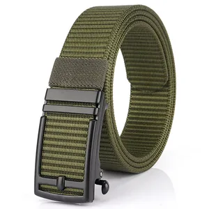 Army green nylon tactical belt for men with black alloy automatic buckle and weave texture