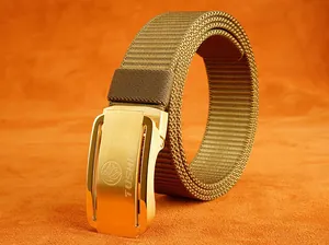 Detailed view of sand-colored nylon canvas belt with golden stainless steel buckle