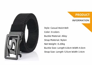 Detail of nylon belt with zinc alloy buckle showing dimensions and woven texture