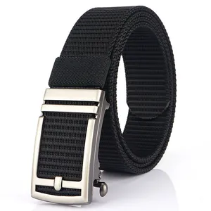 Men's black nylon belt with silver metal automatic buckle on a white background