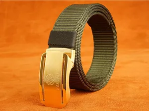 Detailed macro of golden metal automatic buckle and military green nylon woven belt