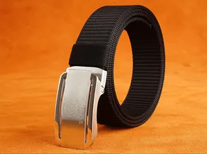 Close-up of durable black nylon tactical belt with a silver brushed metal buckle