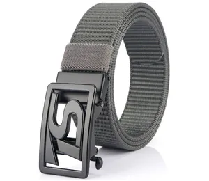 Close-up of dark grey thick nylon belt with black matte metal automatic S-buckle