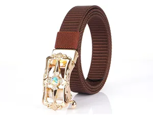 Detail of dark brown nylon canvas belt with a luxury gold hollow-out automatic buckle