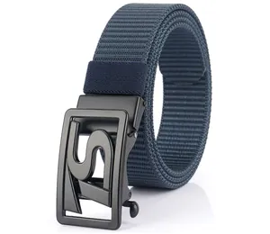Macro detail of men's navy nylon woven belt featuring a matte black ZS automatic buckle