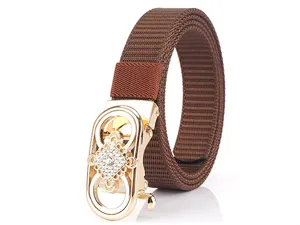 Detail of a brown nylon woven belt with a gold alloy buckle and diamond-encrusted pattern