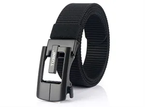 Detailed close-up of heavy-duty black nylon tactical belt with a matte automatic metal buckle