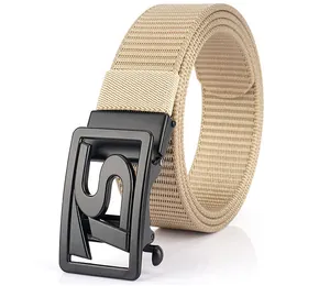 Detail shot of khaki nylon webbing belt with matte black automatic metal buckle